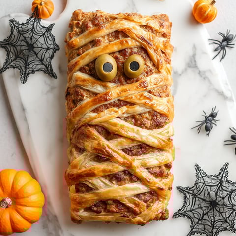 A mummy meatloaf with olives for eyes.