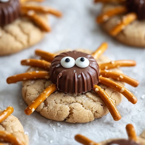 A spooky spider cookie with a chocolate chip and a pretzel leg.