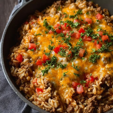 A close up of a delicious cheesy beef enchilada rice.