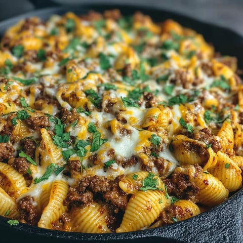 A close up of a cheesy enchilada hamburger helper.
