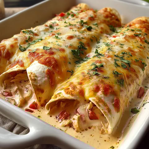 A dish of chicken enchiladas with cheese and tomatoes.