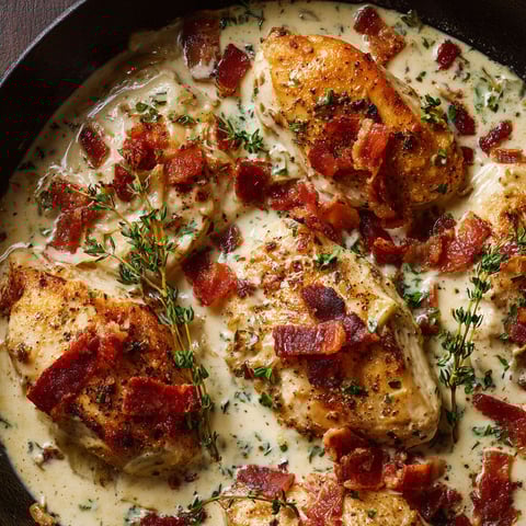 A dish of chicken with bacon and garlic.