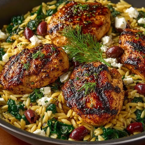 A delicious one-pan Greek chicken skillet with orzo.