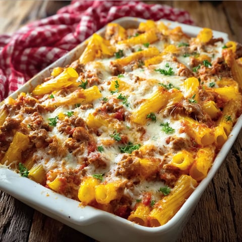 A baked ziti dish with sausage and cheese.