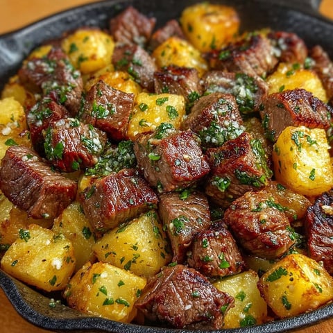 A plate of steak bites with potatoes and garlic butter.