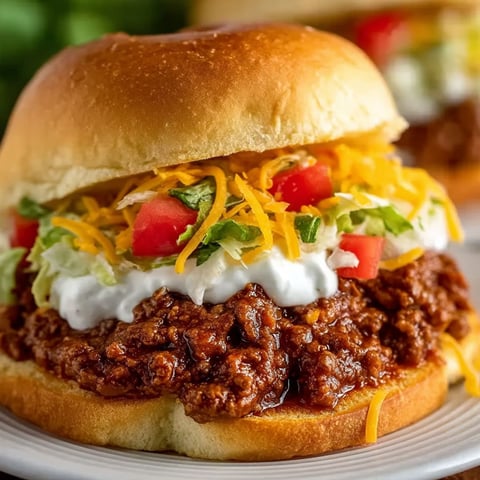 A sloppy joe sandwich with lettuce, tomato, and cheese.