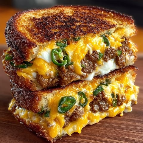 A jalapeno popper patty melt on a wooden table.