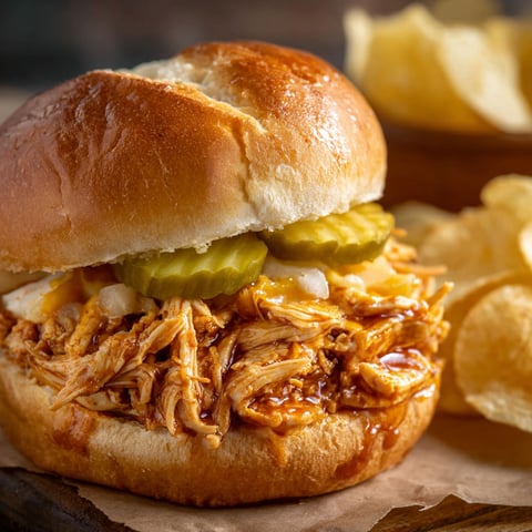 A crock pot shredded Nashville hot chicken sandwich.