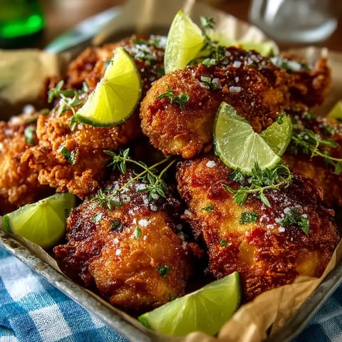 A plate of chicken with lime wedges on top.