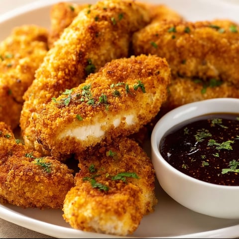 A plate of baked chicken tenders with a dipping sauce.