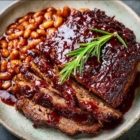 A plate of BBQ beef brisket with beans.