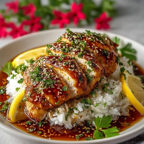 A plate of chicken with rice and lemon.