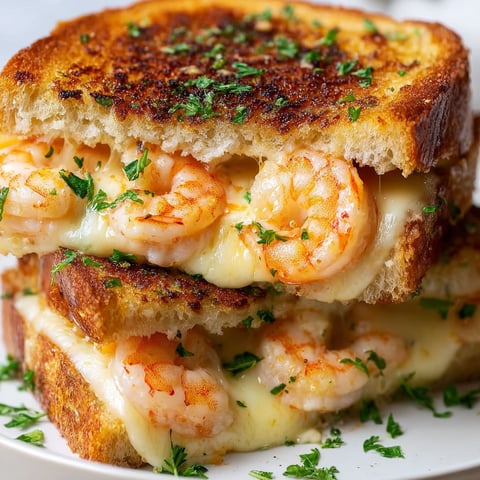 A plate of cheesy garlic bread with shrimp on top.