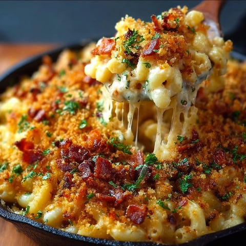A close up of a bowl of macaroni and cheese with bacon on top.