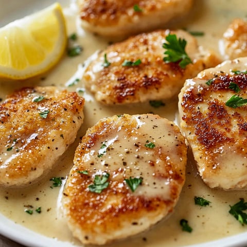 A plate of chicken scallopini with lemon wedges on top.