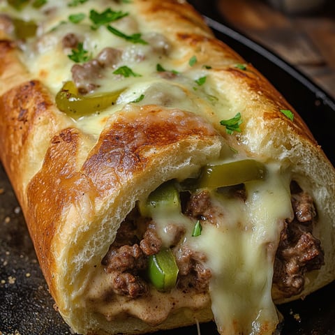 A Philly Cheesesteak Stromboli with melted cheese and green peppers.
