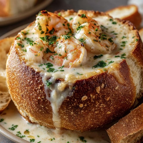 A stuffed seafood bread bowl with shrimp and cheese.