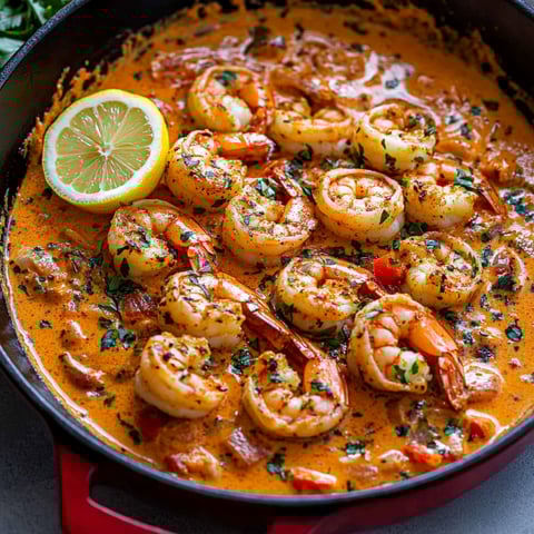 A pan of shrimp with garlic, paprika, and lemon.