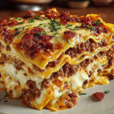 A stack of Parmesan Garlic Bacon Lasagna.