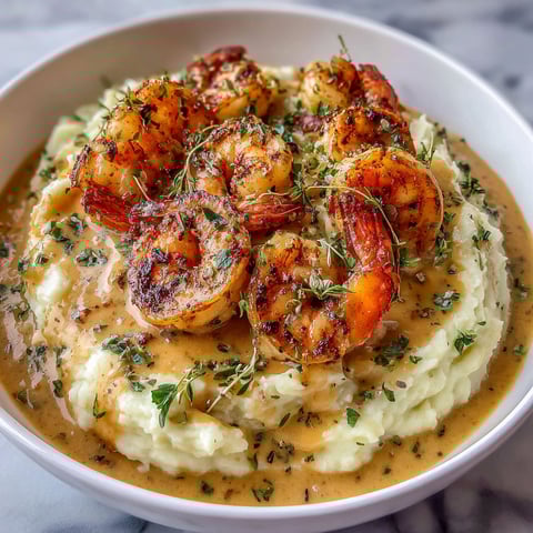 A bowl of shrimp and rice with a caramel sauce.