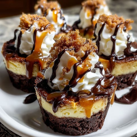 Loaded brownie cheesecake cups with white whipped cream and caramel drizzle.