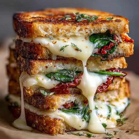 A stack of sandwiches with spinach and cheese.