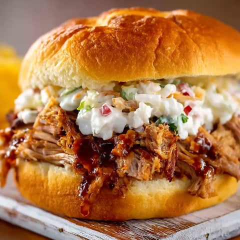 A sandwich with Pulled Pork and coleslaw.