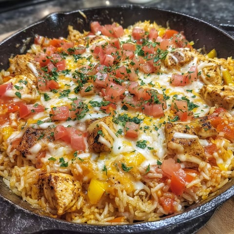 A delicious meal of rice, chicken, tomatoes, and cheese.
