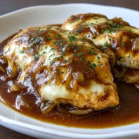 French onion chicken gravy on a plate.