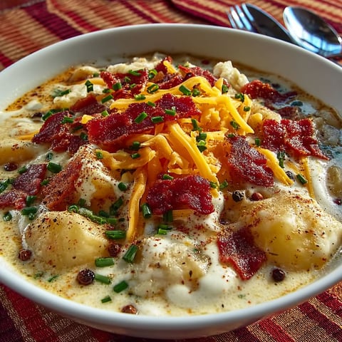 A bowl of soup with cheese and bacon.