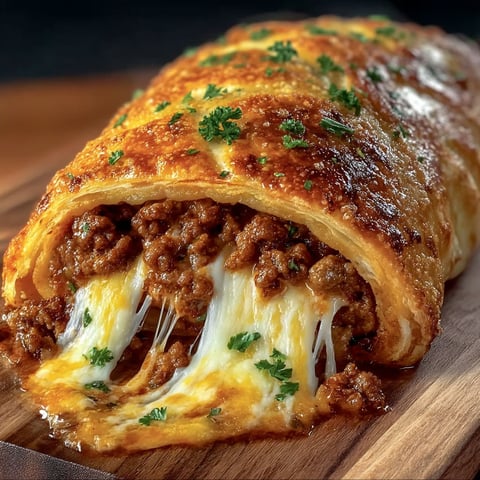 A cheesy sloppy joe stromboli on a wooden cutting board.