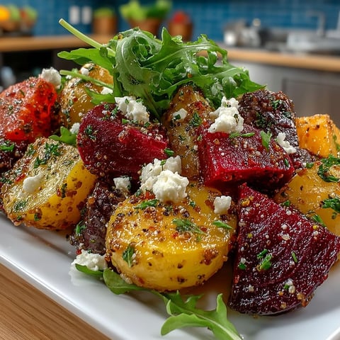 A plate of food with a salad of beets and potatoes.