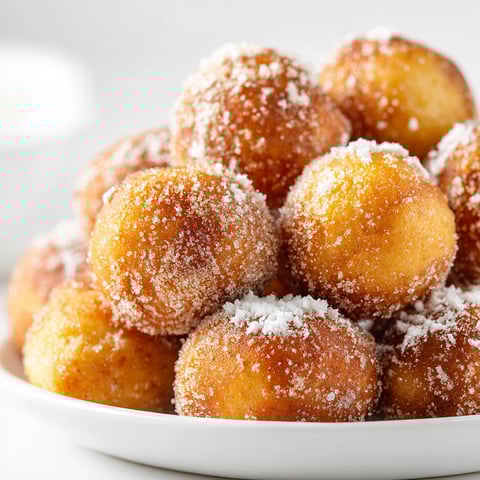 A plate of donuts with powdered sugar on top.