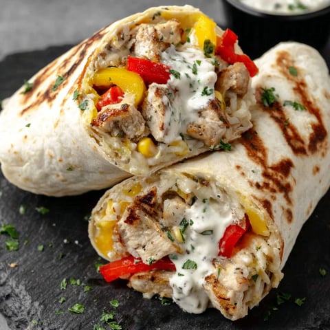 A wrap with chicken, bell peppers, and ranch dressing.