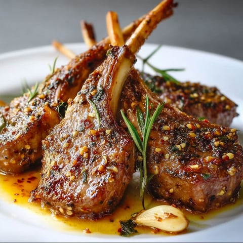Lamb chops with seasoning and herbs on a plate.
