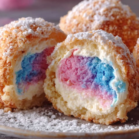 A plate of colorful cotton candy cheesecake bombs.