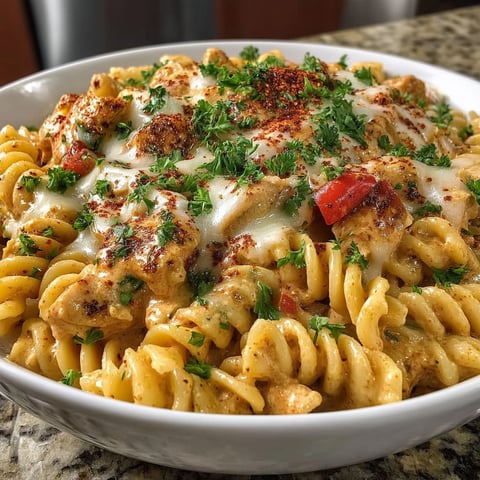 A bowl of cheesy rotel chicken pasta.