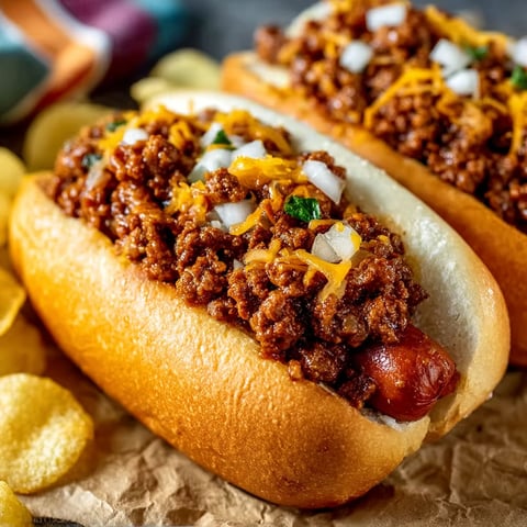 Two hot dogs with chili on them.