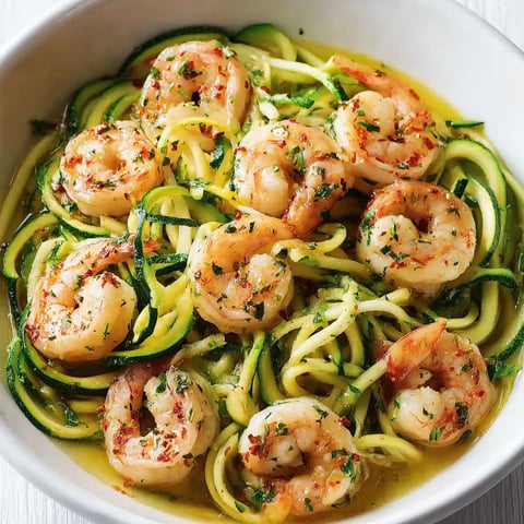 A bowl of shrimp and zucchini noodles.