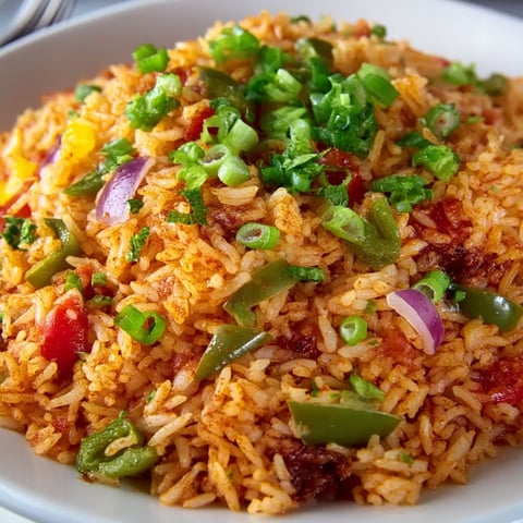 A bowl of rice with green peppers and onions.