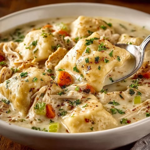 A bowl of Cracker Barrel Chicken and Dumpling Soup.