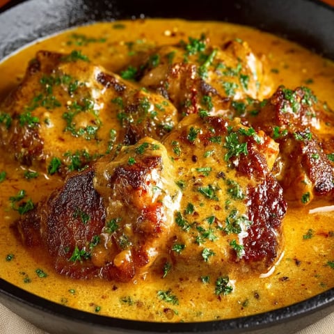 A plate of smothered pork chops.