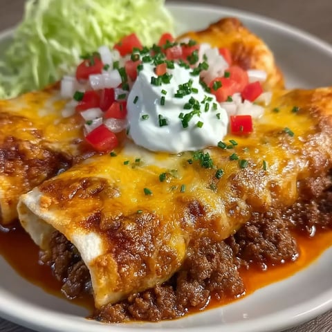 A plate of ground beef potato enchiladas with a dollop of sour cream on top.
