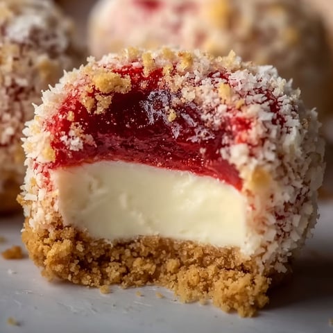 A close up of a strawberry crunch cheesecake bite.