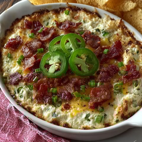 A creamy pizza dip with jalapenos on top.