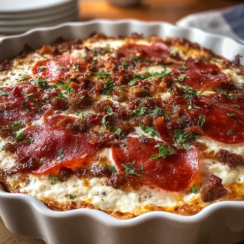 A creamy pizza dip in a white bowl.