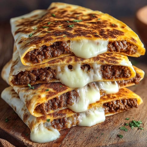 A stack of quesadillas with cheese and meat.