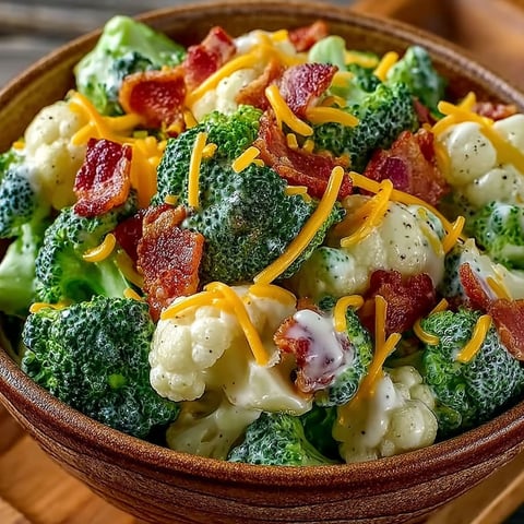 A bowl of broccoli and cauliflower salad with bacon.