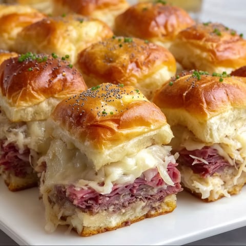 A plate of Reuben Corned Beef Sliders.