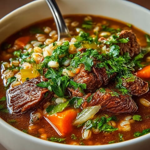 A bowl of beef barley soup with a spoon in it.